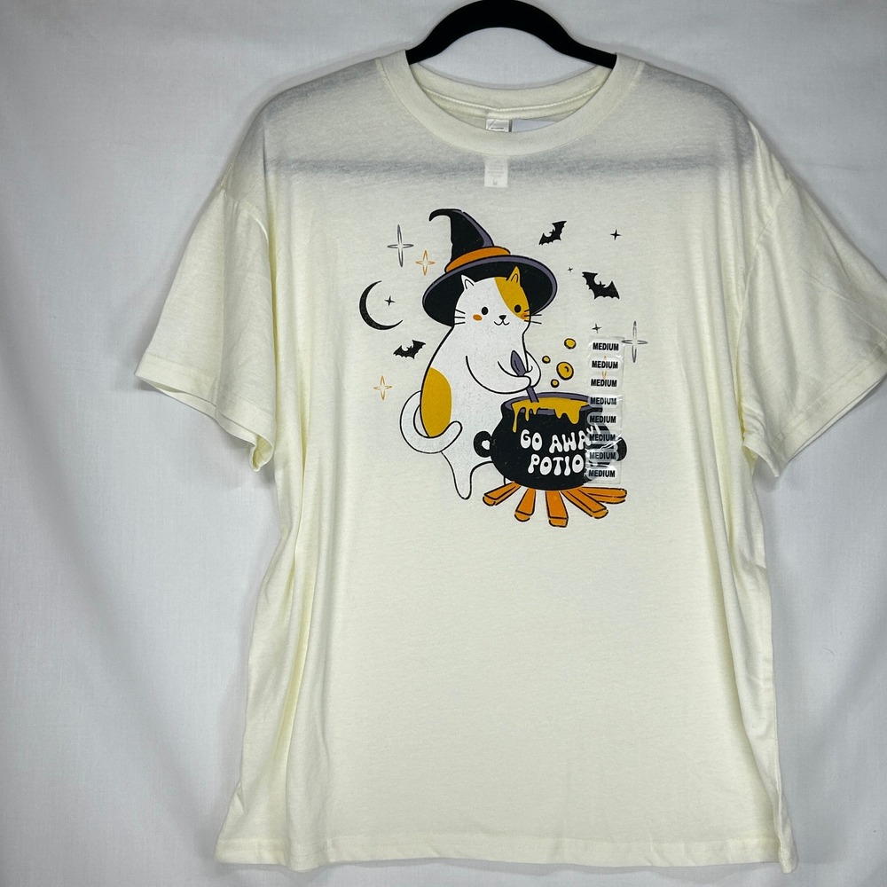 Halloween Witch Cat "Go Away Potion" Graphic T-Shirt Women's Size Medium